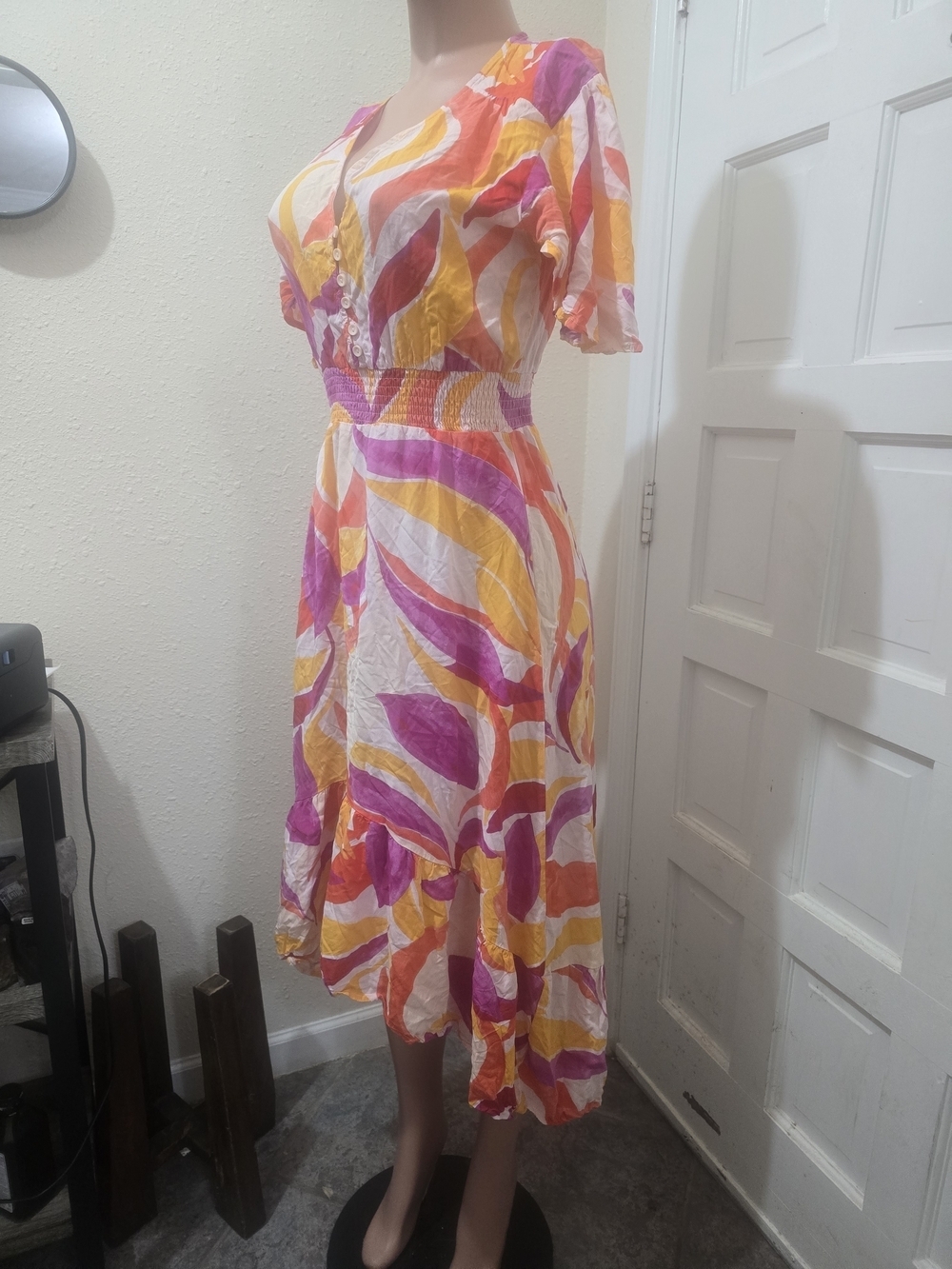 V-Neck High-Low Midi Dress in Pink, Orange & Yellow